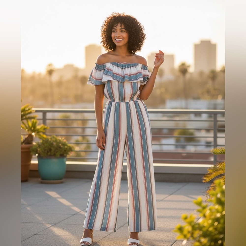 🌸 Striped Off-Shoulder Ruffle Jumpsuit — NWT